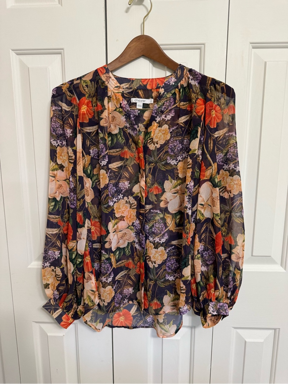 Chico’s Floral Long-Sleeve V-Neck Blouse in Multi-Color